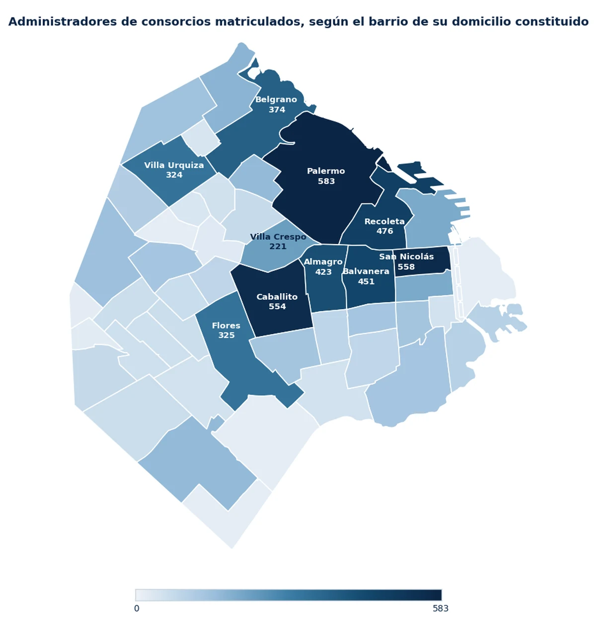 Mapa de la Ciudad de Buenos Aires coloreado según la cantidad de administradores de consorcios matriculados en cada barrio